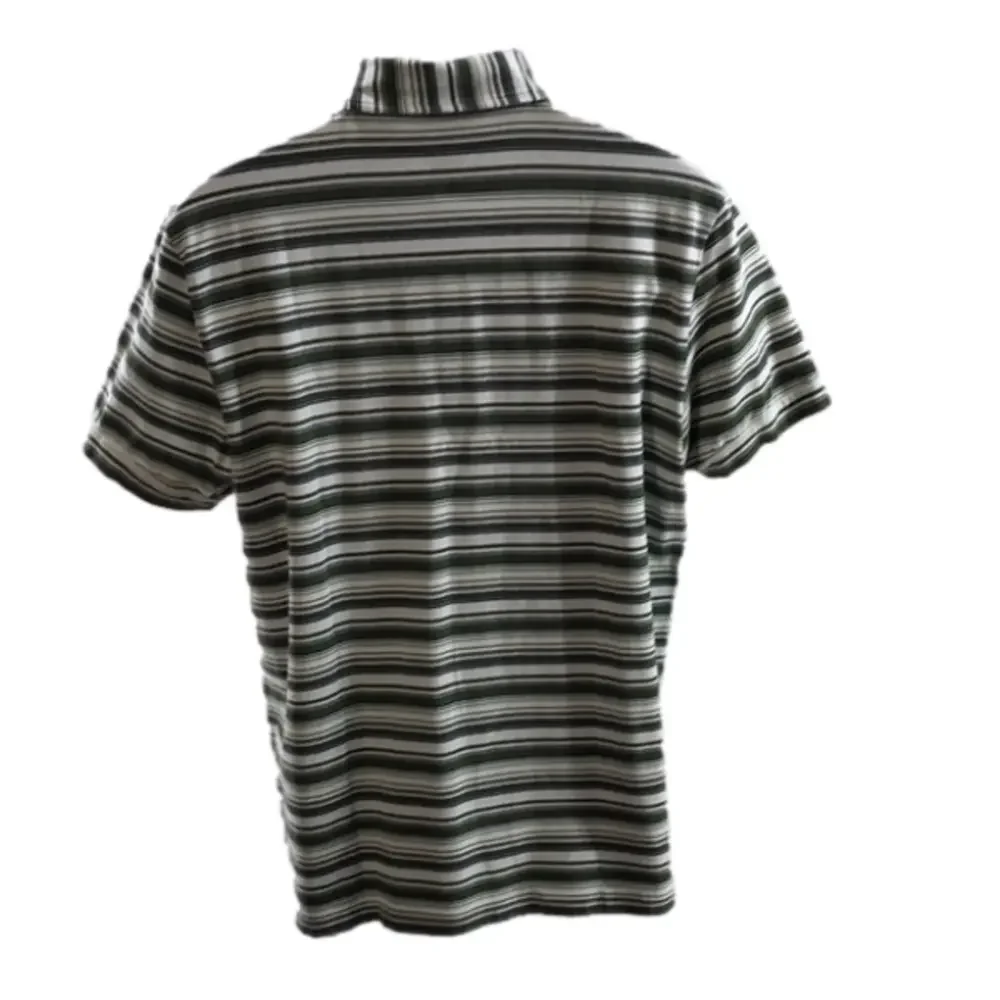 EXPRESS Men’s Green/Cream/Lt Blue/Black Striped Short Sleeve 3-Button Polo—Sz L